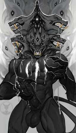 5_fingers 5_heads animal_genitalia anthro balls black_balls black_penis black_sheath bodily_fluids cum cum_on_hand cum_on_penis darkened_balls darkened_genitalia darkened_penis darkened_sheath drooling erection fingers genital_fluids genitals knot knotted_penis leaking looking_at_viewer male multi_eye multi_head muscular muscular_anthro muscular_male nude nude_anthro nude_male penis saliva sheath solo teeth ksfrost european_mythology greek_mythology mythology cain_(ksaredfx) canid canid_demon canine cerberus demon hellhound mammal mythological_canine mythological_creature symbiote absurd_res hi_res