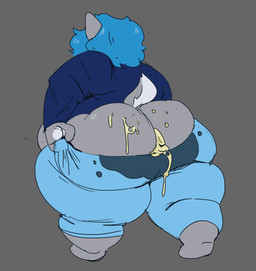 anthro blue_hair bodily_fluids butt butt_cleavage clothing cum cum_between_cheeks cum_drip cum_from_ass cum_in_ass cum_inside cum_on_butt cum_stain dripping fur genital_fluids grey_body grey_fur hair jacket looking_away male oblivious overweight overweight_anthro overweight_male pulling_pants_up solo stained_clothing stained_pants tail topwear walking bigbun_3 bun-e animal_humanoid canid canid_humanoid canine canine_humanoid canis humanoid mammal mammal_humanoid wolf wolf_humanoid absurd_res hi_res