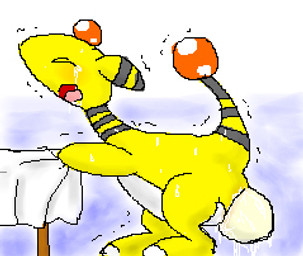ambiguous_gender black_body black_fur blue_background bodily_fluids drooling egg eyes_closed feral fur furniture markings open_mouth oviposition saliva shaking simple_background solo striped_body striped_ears striped_fur striped_markings striped_neck striped_tail stripes sweat table tablecloth tail tail_markings tail_orb tears white_body white_fur yellow_body yellow_fur pasaran nintendo pokemon ampharos generation_2_pokemon pokemon_(species) digital_media_(artwork) low_res oekaki thumbnail