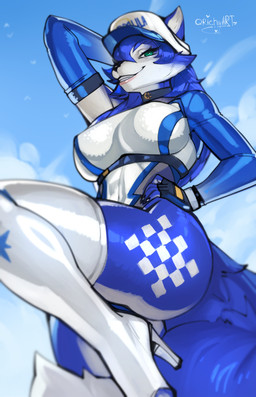 anthro big_breasts biped blue_body blue_fur blue_hair boots breasts claws clothed clothed_anthro clothed_female clothing countershade_torso countershading female fingerless_gloves fingers fluffy fluffy_tail footwear front_view fur gloves green_eyes hair handwear high_heeled_boots high_heels latex latex_boots latex_clothing latex_footwear latex_legwear latex_thigh_boots latex_thigh_highs legwear looking_at_viewer multicolored_body multicolored_fur shoes smile solo tail teeth thigh_boots thigh_highs two_tone_body two_tone_fur white_body white_clothing white_fur white_latex white_legwear white_thigh_boots white_thigh_highs qrichy nintendo star_fox krystal_(star_fox) canid canine fox mammal 2026 absurd_res digital_drawing_(artwork) digital_media_(artwork) hi_res