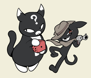 anthro black_body black_ears black_eyes black_fur black_tail brown_clothing brown_hat brown_headwear brown_poncho clothing cowboy_hat d6 dice dipstick_ears duo ear_markings eye_scar facial_scar featureless_arms featureless_crotch featureless_feet featureless_legs feet fur grin gun handgun hat headgear headwear holding_dice holding_gun holding_handgun holding_object holding_ranged_weapon holding_revolver holding_weapon looking_aside male male_anthro missing_tooth mouth_closed multicolored_body multicolored_ears multicolored_fur on_one_leg pose pupils question_mark ranged_weapon red_eyes revolver scar simple_background slit_pupils smile standing tail tan_background teeth two_tone_body two_tone_ears two_tone_fur weapon white_body white_ear_tips white_ears white_fur itsunknownanon mewgenics gambit_(mewgenics) zodiac_(mewgenics) domestic_cat felid feline felis mammal tuxedo_cat 2026 colored digital_drawing_(artwork) digital_media_(artwork) english_description full-length_portrait hi_res portrait