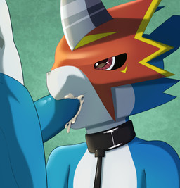 armor belly blue_body blue_penis blue_skin bodily_fluids clothing collar countershading cum cum_in_mouth cum_inside duo erection fellatio genital_fluids genitals headgear headgear_only helmet helmet_only horn horned_helmet humanoid_genitalia humanoid_penis looking_at_another looking_at_partner looking_up male male/male mask metal_horn mostly_offscreen_character nude oral penetration penile penis red_clothing red_eyes sex sex_slave shadow slave white_belly white_body white_skin akiris bandai_namco digimon mythology digimon_(species) dragon exveemon flamedramon mythological_creature mythological_scalie scalie absurd_res hi_res