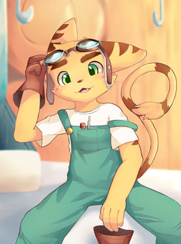4_fingers anthro blurred_background blush brown_clothing brown_gloves brown_handwear clothed clothing cute_fangs detailed_background eyewear eyewear_on_head fangs fingers fully_clothed fur gloves goggles goggles_on_head green_eyes green_pupils handwear iris kemono looking_at_viewer male markings multicolored_ears open_mouth open_smile overalls pink_tongue pupils shirt sitting smile solo striped_arms striped_ears striped_markings striped_tail stripes tail tail_markings tail_tuft teal_clothing teal_overalls teeth tongue topwear tuft two_tone_ears two_tone_tail white_clothing white_shirt white_topwear sihan ratchet_and_clank sony_corporation sony_interactive_entertainment ratchet_(ratchet_and_clank) lombax mammal absurd_res digital_media_(artwork) hi_res portrait three-quarter_portrait
