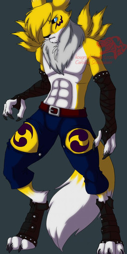 abs alternate_color ankle_brace ankle_wraps anthro arm_wraps athletic athletic_anthro athletic_male belt black_nose black_sclera blonde_hair blue_eyes bottomwear chest_tuft clothed clothing digitigrade fur gloves hair handwear looking_away male markings pants pecs solo studs topless tuft white_body white_fur wraps yellow_body yellow_fur yin_yang carolzilla bandai_namco digimon fan_character renomon canid canine digimon_(species) mammal renamon hi_res