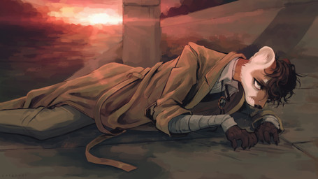 anthro bottomwear brown_body brown_fur brown_hair clothed clothing detailed_background fur hair jacket on_ground outside solo sunset topwear white_body white_fur nolongeranimals gulonine mammal marten mustelid musteline pine_marten 2021