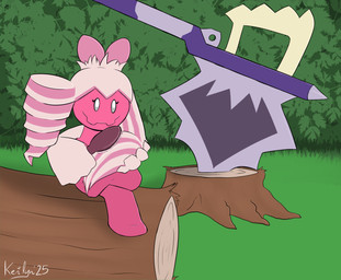 axe brush brushing brushing_hair female forest_background hair personal_grooming pink_body sitting sitting_on_log solo striped_hair stump styling_hair weapon kerilyn nintendo pokemon generation_9_pokemon pokemon_(species) tinkaton 2025 hi_res