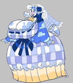 anthro bell bell_collar big_breasts blue_bow blue_clothing blue_dress blue_lips blueberry_(fruit) bow_ribbon breasts checkered checkered_clothing cleavage cleavage_overflow clothed clothing clothing_bow cloud_pattern collar cowbell cowbell_collar dress female food frilly frilly_clothing fruit gown huge_breasts lace lips pattern_clothing pink_nose plant simple_background solo thick_bottom_lip veil dedoggyskullz wkkeezy bovid bovine cattle mammal colored_sketch sketch