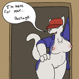 anthro big_breasts breasts clothed clothing dialogue female fur genitals innuendo nipples nude open_mouth slightly_chubby smile solo suggestive text vulva wide_hips trout_(artist) domestic_cat felid feline felis mammal 1:1 2016 aliasing digital_media_(artwork) english_text