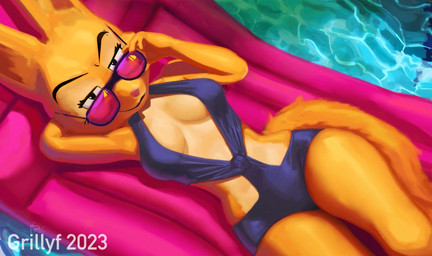 anthro clothing curvy_figure eyebrow_piercing eyebrows eyewear facial_piercing female hand_behind_head hourglass_figure looking_at_viewer lowering_glasses lying on_back orange_body piercing pool_float raised_eyebrow smile solo sunglasses swimwear thick_thighs water grillyf dreamworks the_bad_guys diane_foxington canid canine fox mammal hi_res