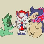 anthro bong drugs feral group lighter male marijuana smoking smoking_bong trio belu_miranda_(artist) nintendo pokemon fan_character kai_mew-(character) generation_1_pokemon generation_8_pokemon generation_9_pokemon hisuian_form hisuian_typhlosion hisuian_zorua hybrid legendary_pokemon mew_(pokemon) pokemon_(species) regional_form_(pokemon) sprigatito 1:1 hi_res