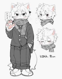 anthro bottomwear breath clothing covered_mouth eyes_closed gesture hand_in_pocket hand_pawpads jacket kemono looking_at_viewer male pants pockets scarf simple_background solo standing text topwear waving waving_at_viewer white_background young young_anthro young_male eisuke_art mammal 2025 hi_res japanese_description japanese_text partially_colored