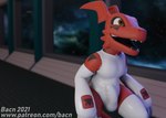 anthro biped bulge claws clothed clothing detailed_background detailed_bulge erection genital_outline latex leotard male markings open_mouth pecs penis_outline smile solo space standing symbol text tongue bacn bandai_namco digimon guilmon_(bacn) digimon_(species) guilmon scalie 3d_(artwork) digital_media_(artwork) url