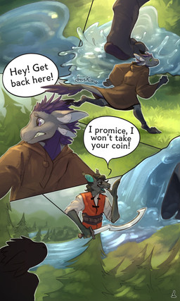 anthro bandits belt brown_clothing cave claws clothing dark_hair dialogue duo ear_tuft fangs feathers forest forest_background fur green_eyes grey_body grey_claws grey_feathers grey_fur hair heterochromia male melee_weapon pawpads pink_ear_fluff plant puddle purple_body purple_eyes purple_feathers purple_pawpads red_clothing river scared splash splashing_water sword teal_ears teal_tongue teeth text tongue tree tuft water waterfall wavy_hair weapon whiskers white_clothing droskimo kallo_(goddamnitrobin) zender_(zendybones) aquatic avali catfish fish 3:5 comic english_text hi_res