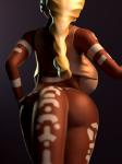 2015 3:4 3d_(artwork) anthro big_breasts big_butt blonde_hair breasts butt close-up clothing digital_media_(artwork) female hair haukena_(rnixon) hi_res huge_breasts low-angle_view mammal markings melee_weapon mustelid otter polearm rear_view solo staff straps topwear tribal under_boob vest vulpesco weapon wide_hips