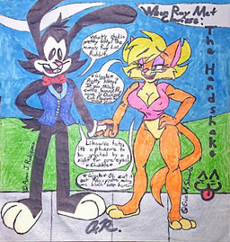 1930s_theme 3_toes 4_fingers anthro barefoot big_breasts biped blonde_hair blush bottomless bow_tie breasts buckteeth cat_tail chuckling clothed clothing cloud cloudy_sky duo edited_base expressive_eyes eyelashes featureless_crotch feet female fingers flirting fur gesture giggling gloves green_eyes green_grass hair handdrawn handshake handwear hill hillside logo loving_gaze makeup male male/female mascara multicolored_body multicolored_fur orange_body orange_fur photo pink_nose red_bow_tie romantic romantic_couple scut_tail short_tail sidewalk skinny sky sleeveless_vest sleveless_clothing smile speech_bubble tail tan_body tan_fur teeth text toes toned_belly toned_body toned_female toned_legs toned_male toned_thighs toony toony_expression toony_eyes two_tone_body two_tone_fur vintage white_body white_clothing white_fur white_gloves white_handwear aero1729 animaniacs animaniacs_(2020) deviantart furaffinity looney_tunes looney_tunes_cartoons sabrina_online tiny_toon_adventures tiny_toons_looniversity warner_brothers clarisse_(sabrina_online) fan_character ray_lee_rabbit domestic_cat felid feline felis inkblot lagomorph leporid mammal rabbit 2025 artist_collaboration artist_logo artist_name english_description english_text hi_res signature traditional_media_(artwork)