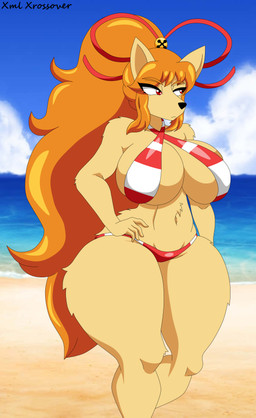accessory anthro big_breasts bikini bikini_bottom bikini_top bow_ribbon breasts clothing criss-cross_bikini female fox_ears fur furry_body hair hair_accessory hair_bow hair_ribbon huge_breasts huge_hips huge_thighs mature_female orange_hair ponytail red_eyes ribbons solo swimwear thick_thighs two-piece_swimsuit wide_hips yellow_body yellow_fur xml_xrossover_(artist) undertale_(series) undertale_yellow ceroba_ketsukane boss_monster_(undertale) canid canine fox mammal absurd_res hi_res
