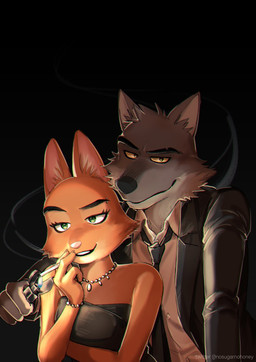 4_fingers anthro black_background black_nose bracelet breasts brown_body brown_fur cigarette clothed clothing dress duo eyebrow_piercing eyebrows facial_piercing female fingers fur hair jewelry lighter lighting_cigarette looking_at_viewer male male/female necklace necktie orange_body orange_fur piercing pink_nose simple_background smile smoke smoking smoking_cigarette suit yellow_eyes nosugarnohoney dreamworks the_bad_guys diane_foxington mr._wolf_(the_bad_guys) canid canine canis fox mammal wolf 2022 hi_res