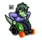 anthro clothed clothing female freckles green_body green_hair grey_eyes hair hoodie purple_clothing simple_background solo topwear vehicle wheelchair white_background yellow_sclera silvialikescherries cavemanon_studios hot_wheels i_wani_hug_that_gator mattel olivia_halford baryonyx dinosaur prehistoric_species reptile scalie spinosaurid theropod 1:1