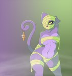 ankh anthro bandage bandaged_face big_breasts breasts clothed clothing curled_tail eyelashes female fog fur hand_behind_head mummy_costume mummy_wrappings navel pose purple_body purple_fur purple_nose red_eyes skimpy solo standing tail under_boob yellow_sclera blepwep domestic_cat felid feline felis mammal 2020 digital_media_(artwork) hi_res pinup portrait shaded three-quarter_portrait