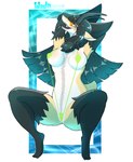 4_ears antennae_(anatomy) anthro bangs black_body black_fur black_hair black_mouth black_tongue blunt_bangs breasts clothing fangs female fur fur_tuft green_clothing green_swimwear grey_eyes hair long_hair markings multi_ear one-piece_swimsuit open_mouth sling_bikini solo spread_legs spreading swimwear teeth tongue tuft white_body yellow_body !dodn isabel_(!dodn) aquatic_gastropod gastropod marine mollusk sea_snail snail absurd_res hi_res