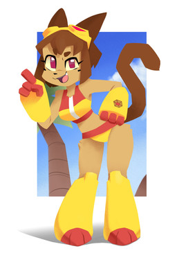 anthro bikini breasts brown_body brown_hair clothing eyebrows eyelashes eyewear eyewear_on_head female goggles goggles_on_head hair hand_on_hip leaning leaning_forward looking_at_viewer magenta_eyes open_mouth open_smile smile solo swimwear two-piece_swimsuit yellow_sclera miakameron gameoverse glitch_productions kit_bodega domestic_cat felid feline felis mammal 2026 absurd_res hi_res