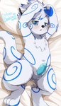 5_fingers anthro balls blue_body blue_eyes blue_fur blue_penis blush fingers fur fur_markings genitals male markings open_mouth penis solo white_body white_fur young young_anthro naegi unknown_species 2022 absurd_res hi_res