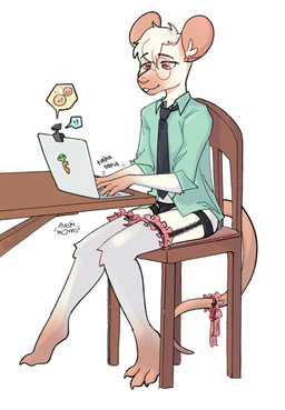 3_toes accessory anthro barefoot bottomwear camera claws clothed clothing computer electronics enhibitionism eyewear feet frilly frilly_clothing frilly_underwear garter glasses laptop lingerie male necktie pantsless shirt simple_background sitting solo toes topwear typing underwear webcam white_background duskiglow biscuit_(biscuits) mammal murid murine rat rodent hi_res