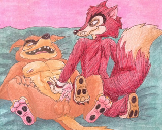 3_toes abs anthro areola balls brown_body brown_fur closed_smile countershading dipstick_tail erection eye_contact feet fur genitals hand_on_belly humanoid_genitalia humanoid_hands humanoid_penis looking_at_another lying male male/male male_anthro markings mouth_closed nipples nude_anthro nude_male on_back open_mouth open_smile pecs penis pink_penis red_body red_fur red_tail sharp_teeth smile snout tail tail_markings tan_body tan_countershading tan_tail_tip teeth toes tongue vein veiny_penis puku83 disney disney's_pinocchio talespin "honest"_john_foulfellow don_karnage canid canine canis fox mammal red_fox true_fox wolf 2016 crossover english_description graphite_(artwork) painting_(artwork) traditional_media_(artwork) watercolor_(artwork)