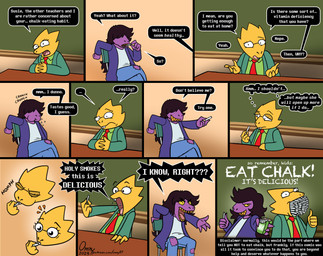 author's_note bite bottomwear buckteeth chalk chalkboard clothing desk dialogue duo eating eating_object eyewear female furniture glasses hair hair_over_eyes humor necktie pants school sharp_teeth shocked student stuffed_mouth table teacher teacher_and_student teeth text thought_bubble torn_bottomwear torn_clothing torn_pants yelling yellow_eyes yellow_teeth omny87 deltarune undertale_(series) alphys susie_(deltarune) lizard monster reptile scalie comic english_text