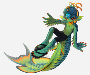 3_eyes 5_fingers 5_toes bottomwear claws clothed clothing ear_fins feet fin fingers footwear green_body male membrane_(anatomy) multi_eye sandals shoes shorts simple_background solo tail tail_fin toes webbed_hands white_background japanda animal_humanoid aquatic aquatic_humanoid barbax fish fish_humanoid humanoid 6:5 hi_res