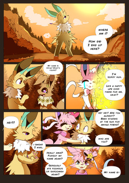 3_toes 4_fingers anthro bodily_fluids bow_ribbon brown_nose cheek_tuft cliff cloud detailed_background dialogue facial_tuft feet female feral fingers flower forest fur gem_necklace group head_tuft heterochromia looking_at_another male open_mouth pawpads paws pink_body pink_fur plant purple_eyes purple_nose ribbons scarf shadow speech_bubble sun sunset tears text toes tongue tree tuft white_body white_fur yellow_body yellow_fur xsolar_soulx nintendo pokemon amai_the_jolteon eevee eeveelution generation_1_pokemon generation_3_pokemon generation_6_pokemon jolteon pokemon_(species) skitty sylveon 2025 absurd_res comic english_text hi_res