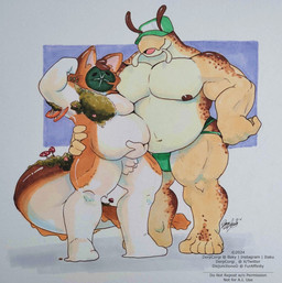 belly big_arms big_muscles clothing duo flexing flexing_bicep hat headgear headwear male muscular muscular_male pecs simple_background tail underwear yellow_body derpcorgi hal_shellby_(entitropy) gastropod mollusk snail hi_res