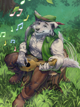anthro bard clothing floppy_ears forest forest_background hat headgear headwear lute male musical_instrument musical_note musical_symbol musician nature nature_background plant pleading_eyes plucked_string_instrument sitting solo string_instrument symbol tail tail_motion tailwag tree tree_stump cawfulcrow escape_from_ever_after wolfgang_(escape_from_ever_after) canid canine canis mammal wolf 3:4 hi_res