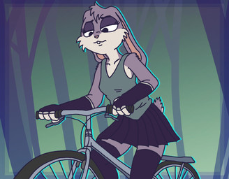 anthro bicycle biped bottomwear breasts cleavage clothed clothing female fingerless_gloves fingers forest forest_background form_fitting fully_clothed gloves handwear legwear looking_away nature nature_background outside plant riding_bike scut_tail short_tail simple_background skirt sleeveless_clothing small_breasts smile smirk smug solo tail thigh_highs tree vehicle ircluzar violet_bunny lagomorph leporid mammal rabbit flat_colors hi_res portrait three-quarter_portrait