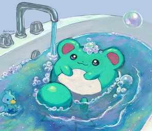 :3 ambiguous_gender anthro bubble rubber_duck sink solo swimming tail tap teal_body text water dietranch nintendo pokemon ducklett generation_2_pokemon generation_5_pokemon humanoid marill pokemon_(species) shiny_pokemon 2026 english_text hi_res signature