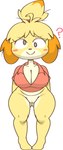 animal_crossing anthro big_breasts blonde_hair blush blush_stickers bottomless breasts butt_from_the_front canid canine canis cleavage clothed clothing countershading cross-eyed derpybelle domestic_dog female genitals hair hi_res isabelle_(animal_crossing) looking_at_viewer mammal nintendo nipple_outline pussy question_mark shih_tzu shirt smile solo thick_thighs thigh_gap topwear toy_dog vilepluff yellow_body