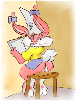 anthro book border bottomwear butt clothed clothing corner dunce_cap female furniture genitals hat headgear headwear looking_back raised_tail school simple_background skirt solo stool tail tail_under_skirt time-out vulva white_border karri_aronen tiny_toon_adventures warner_brothers babs_bunny lagomorph leporid mammal rabbit sketch