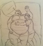 anthro arms_around_partner bed bedroom belly belly_hug big_belly clothing cuddling duo furniture hug lying lying_on_bed male male/male on_bed overweight overweight_anthro overweight_male raised_arm scales size_difference sleeping smaller_male smile snoring tail eon54 mythology cody_(swatthefox) jagged_(eon54) crocodile crocodilian dragon mythological_creature mythological_scalie reptile scalie hi_res traditional_media_(artwork)