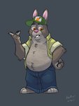 anthro belly bottomwear clothed clothing hat headgear headwear humanoid_hands male mature_male open_clothing open_shirt open_topwear pants shirt simple_background solo topwear k-9 disney zootopia stu_hopps lagomorph leporid mammal rabbit 2025 3:4 hi_res