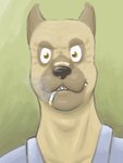 anthro black_nose blue_clothing blue_shirt blue_topwear brown_body brown_eyes brown_fur cigarette clothed clothing fur green_background looking_at_viewer male mature_anthro mature_male shirt simple_background smoke smoking solo teeth topwear ritts frank_fischer canid canine canis domestic_dog mammal 2008 3:4 headshot_portrait low_res portrait