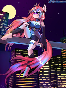 anthro city clothing dress female horn night solo suit synthwave caliluminos hasbro my_little_pony mythology equid equine horse mammal mythological_creature mythological_equine pony unicorn absurd_res hi_res signature