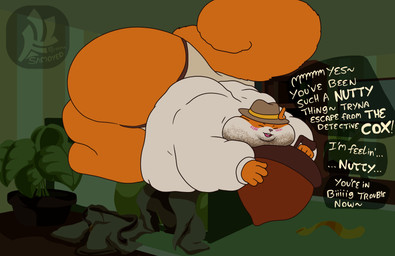accessory acorn anthro bed bedroom belt belt_buckle big_butt blush blush_lines bubble_butt buckle butt clothes_on_floor clothing coat detective detective_hat dirty_talk dress_pants facial_hair fat_arms fat_rolls fedora five_o'clock_shadow food fruit furniture hat headgear headwear huge_butt hyper hyper_butt male morbidly_obese neckbeard necktie nut_(fruit) obese obese_anthro obese_male overweight overweight_anthro overweight_male plant shaded_background solo speech_bubble stubble tailcoat text thick_thighs topwear underwear wide_hips fujiyama_samoyed no_stone_unturned detective_cox mammal rodent sciurid tree_squirrel cel_shading english_text hi_res shaded