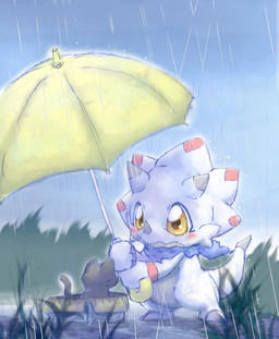 anthro black_body black_claws black_fur claws duo feral fur horn kerchief raining umbrella white_body yellow_eyes nyanta_(artist) bandai_namco digimon digimon_(species) domestic_cat felid feline felis gammamon mammal digital_media_(artwork) hi_res