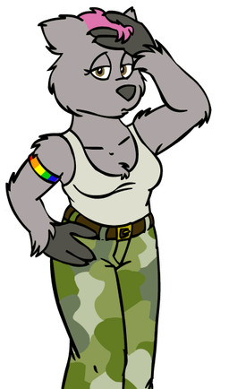 bottomwear camo camo_bottomwear camo_clothing camo_pants camo_print clothing female fur grey_body grey_fur hair pants pattern_bottomwear pattern_clothing pattern_pants pink_hair shirt tank_top topwear tabbiewolf mammal marsupial vombatiform wombat