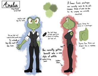 amber_eyes anthro bottomwear breasts clothed clothed_anthro clothed_female clothing eye_scar facial_scar female footwear green_body green_skin looking_at_viewer non-mammal_breasts pants scar shoes shoulder_scar solo suit text sandwich-anomaly amelia_(sandwich-anomaly) amphibian frog 2026 english_text model_sheet
