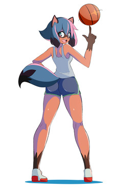 anthro ball basketball_(ball) butt clothed clothing female looking_at_viewer looking_back simple_background solo lucyfercomic brand_new_animal studio_trigger michiru_kagemori canid canine mammal raccoon_dog tanuki absurd_res hi_res