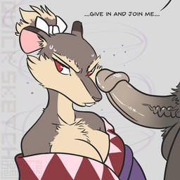 accessory annoyed anthro balls big_breasts bodily_fluids bow_accessory bow_ribbon bow_tie breast_squish breasts brown_body brown_fur chest_tuft clothed clothing crossgender dialogue duo erection eyebrows eyelashes female fur genitals grey_background grey_body grey_fur hair hair_accessory hair_bow hair_ribbon highlights_(coloring) humanoid_genitalia humanoid_penis imminent_sex inner_ear_fluff light_body light_fur looking_aside male male/female mtf_crossgender multicolored_body multicolored_fur multicolored_hair musk nude penis pheromones pubes purple_clothing red_eyes ribbons robe robe_only seduced seductive simple_background simple_coloring simple_eyes snout speech_bubble squish sweat sweatdrop tan_body tan_fur teeth text thick_eyebrows tuft two_tone_body two_tone_fur two_tone_hair vein veiny_penis sweet.lemons teenage_mutant_ninja_turtles master_splinter mistress_splinter_(chochi) rat_king_(tmnt) brown_rat mammal murid murine rat rodent 1:1 2023 digital_drawing_(artwork) digital_media_(artwork) digital_painting_(artwork) english_text hi_res painting_(artwork) signature
