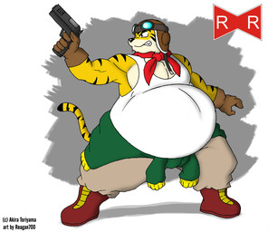 anthro ascot aviator_cap belly big_belly black_nose boots bottomwear clothing eyewear footwear fur gloves goggles gun handwear huge_belly male musclegut muscular pants ranged_weapon shirt shoes solo striped_body striped_fur stripes tank_top topwear weapon yellow_body yellow_fur reagan700 dragon_ball captain_yellow felid mammal pantherine tiger