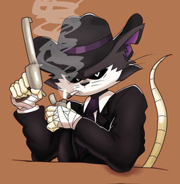 anthro bandaged_hand black_body cigarette cigarette_in_mouth clothing criminal gun hat headgear headwear male object_in_mouth ranged_weapon smoke solo suit tail weapon whiskers crowundeadcat crow_(thedeathcrow) domestic_cat felid feline felis mammal undead hi_res