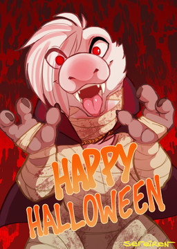anthro bandage blood bodily_fluids cape claws clothing eyelashes fangs female feral fur holidays looking_at_viewer open_mouth pink_body pink_fur red_eyes solo teeth text tongue conditional_dnp sefeiren frisky_ferals halloween gwen_(frisky_ferals) dinosaur dromaeosaurid mummy prehistoric_species reptile saurischian scalie theropod undead vampire english_text hi_res